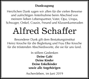 Traueranzeige von Alfred Schaffer von Mitteldeutsche Zeitung Aschersleben