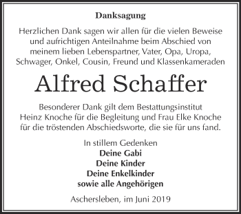 Traueranzeige von Alfred Schaffer von Super Sonntag Aschersleben
