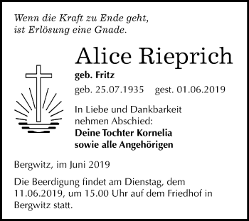 Traueranzeige von Alice Rieprich von Mitteldeutsche Zeitung Wittenberg