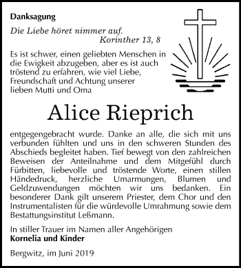 Traueranzeige von Alice Rieprich von WVG - Wochenspiegel Wittenberg