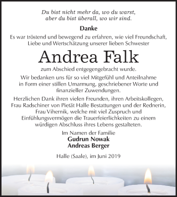 Traueranzeige von Andrea Falk von Mitteldeutsche Zeitung Halle/Saalkreis