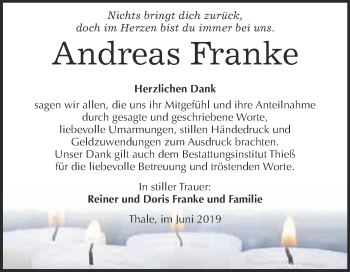 Traueranzeige von Andreas Franke von Super Sonntag Quedlinburg