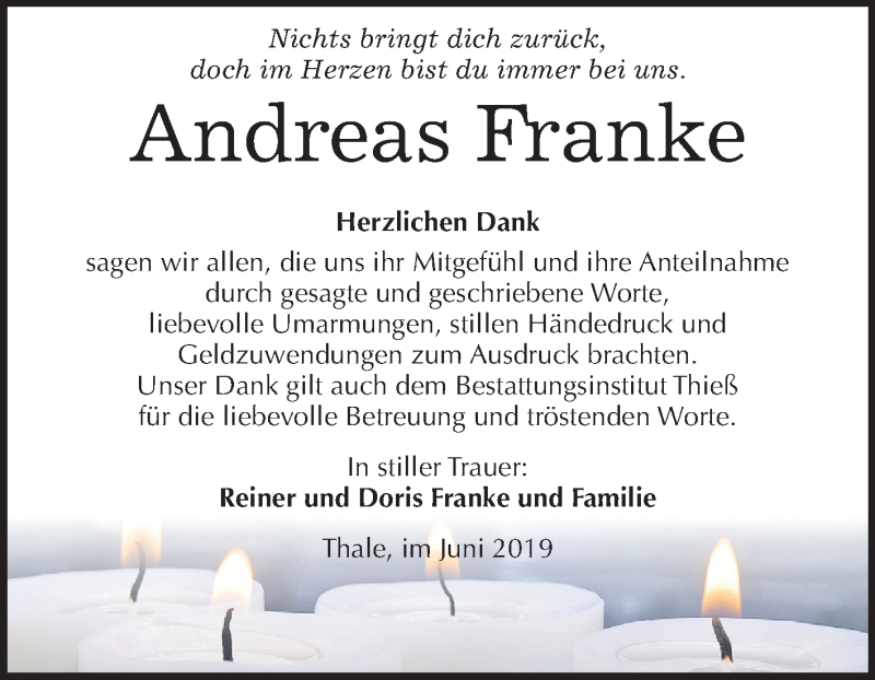  Traueranzeige für Andreas Franke vom 22.06.2019 aus Mitteldeutsche Zeitung Quedlinburg