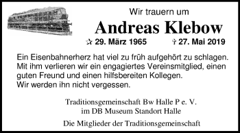 Traueranzeige von Andreas Klebow von Mitteldeutsche Zeitung Halle/Saalkreis