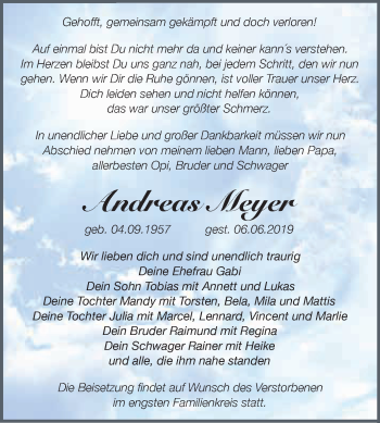 Traueranzeige von Andreas Meyer von WVG - Wochenspiegel NMB / WSF / ZTZ