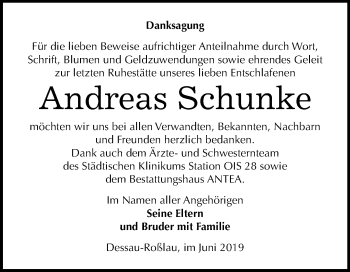 Traueranzeige von Andreas Schunke von Mitteldeutsche Zeitung Dessau-Roßlau