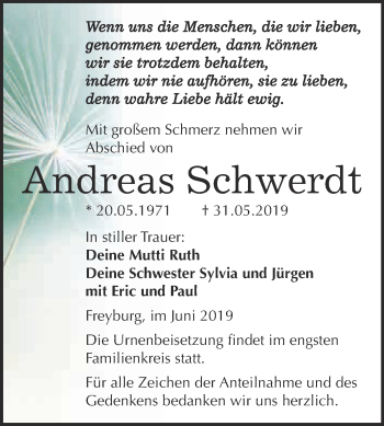 Traueranzeige von Andreas Schwerdt von WVG - Wochenspiegel NMB / WSF / ZTZ