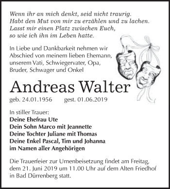 Traueranzeige von Andreas Walter von WVG - Wochenspiegel Merseburg
