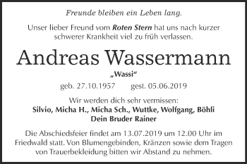 Traueranzeige von Andreas Wassermann von WVG - Wochenspiegel Dessau / Köthen