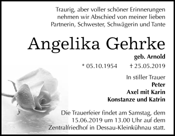 Traueranzeige von Angelika Gehrke von WVG - Wochenspiegel Dessau / Köthen