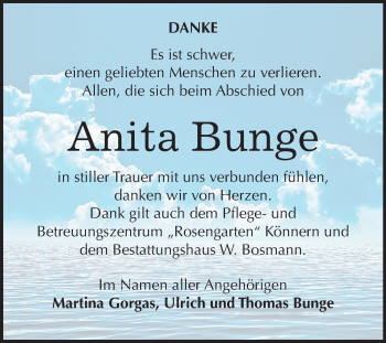 Traueranzeige von Anita Bunge von Mitteldeutsche Zeitung Halle/Saalkreis