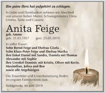 Traueranzeige von Anita Feige von Wochenspiegel Mansfelder Land