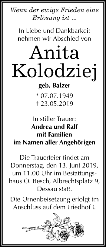 Traueranzeige von Anita Kolodziej von Mitteldeutsche Zeitung Dessau-Roßlau