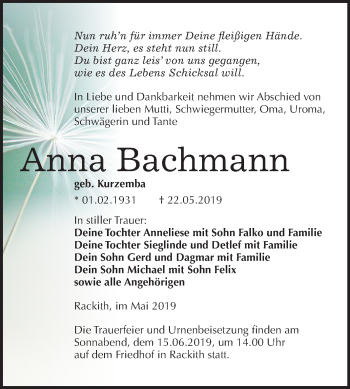 Traueranzeige von Anna Bachmann von Mitteldeutsche Zeitung