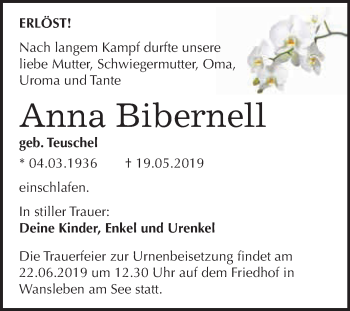 Traueranzeige von Anna Bibernell von Wochenspiegel Mansfelder Land