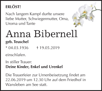 Traueranzeige von Anna Bibernell von Mitteldeutsche Zeitung Aschersleben