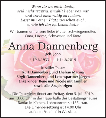 Traueranzeige von Anna Dannenberg von Mitteldeutsche Zeitung Köthen