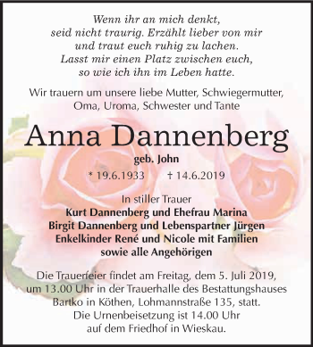Traueranzeige von Anna Dannenberg von WVG - Wochenspiegel Dessau / Köthen