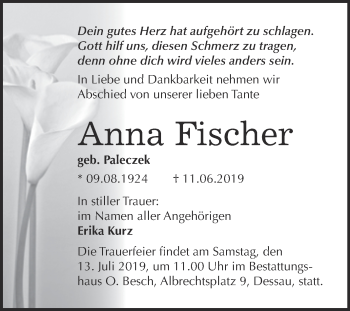 Traueranzeige von Anna Fischer von WVG - Wochenspiegel Dessau / Köthen