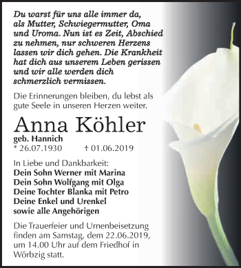 Traueranzeige von Anna Köhler von WVG - Wochenspiegel Dessau / Köthen