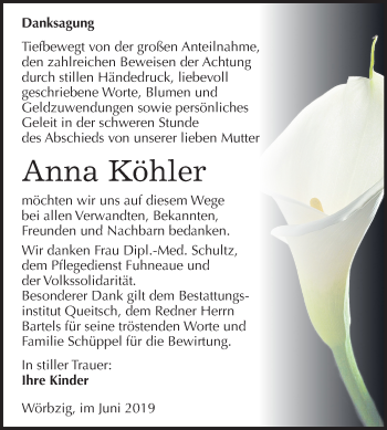Traueranzeige von Anna Köhler von Mitteldeutsche Zeitung Köthen