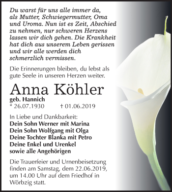Traueranzeige von Anna Köhler von Mitteldeutsche Zeitung Köthen