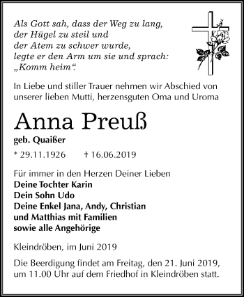 Traueranzeige von Anna Preuß von Mitteldeutsche Zeitung