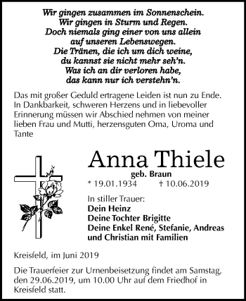 Traueranzeige von Anna Thiele von Mitteldeutsche Zeitung Mansfelder Land