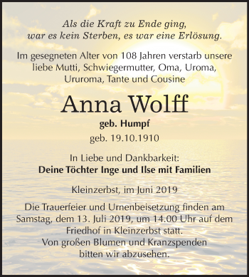 Traueranzeige von Anna Wolff von Mitteldeutsche Zeitung Köthen