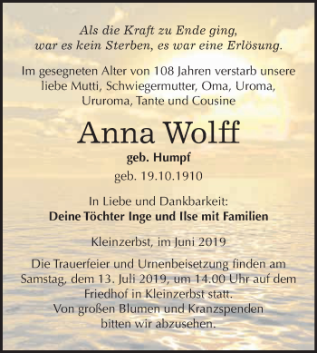 Traueranzeige von Anna Wolff von WVG - Wochenspiegel Dessau / Köthen