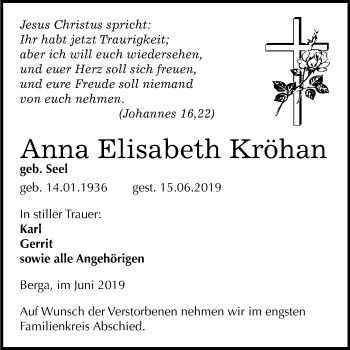 Traueranzeige von Anna Elisabeth Kröhan von Mitteldeutsche Zeitung