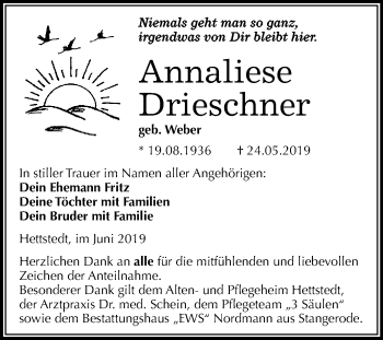 Traueranzeige von Annaliese Drieschner von Super Sonntag SGH Mansf. Land