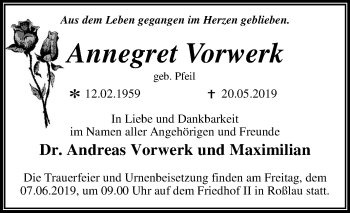 Traueranzeige von Annegret Vorwerk von Mitteldeutsche Zeitung Dessau-Roßlau