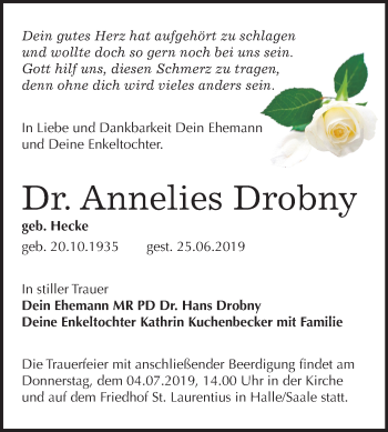 Traueranzeige von Annelies Drobny von Mitteldeutsche Zeitung Halle/Saalkreis