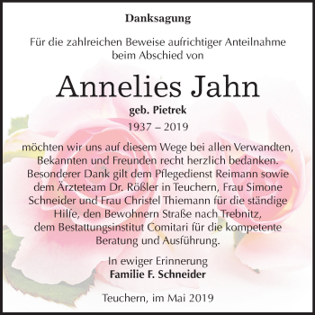Traueranzeige von Annelies Jahn von Mitteldeutsche Zeitung Weißenfels