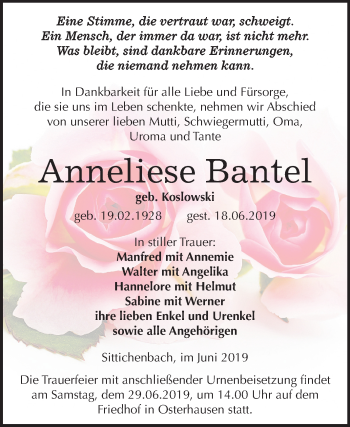 Traueranzeige von Anneliese Bantel von Mitteldeutsche Zeitung