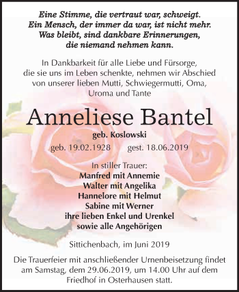 Traueranzeige von Anneliese Bantel von Wochenspiegel Mansfelder Land