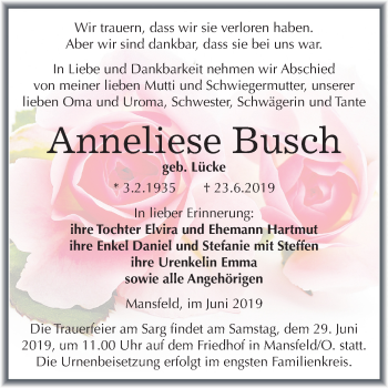Traueranzeige von Anneliese Busch von Mitteldeutsche Zeitung