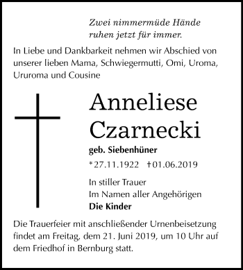 Traueranzeige von Anneliese Czarnecki von Mitteldeutsche Zeitung Bernburg