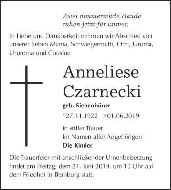 Traueranzeige von Anneliese Czarnecki von Super Sonntag Bernburg