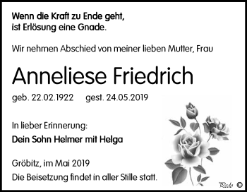 Traueranzeige von Anneliese Friedrich von WVG - Wochenspiegel NMB / WSF / ZTZ