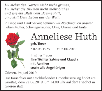 Traueranzeige von Anneliese Huth von Mitteldeutsche Zeitung
