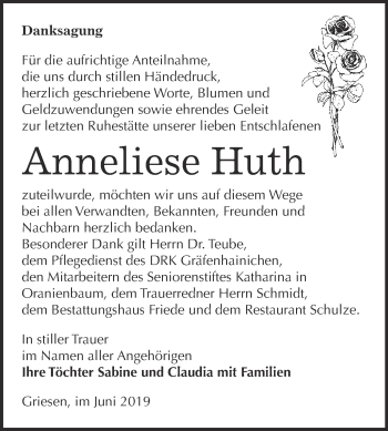 Traueranzeige von Anneliese Huth von WVG - Wochenspiegel Dessau / Köthen