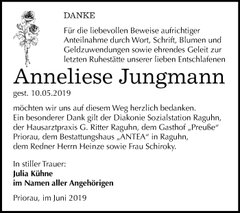 Traueranzeige von Anneliese Jungmann von Mitteldeutsche Zeitung Bitterfeld