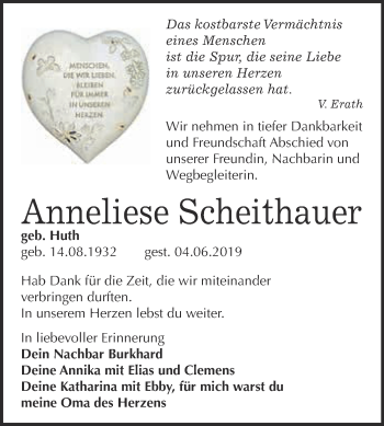 Traueranzeige von Anneliese Scheithauer von Super Sonntag Wittenberg