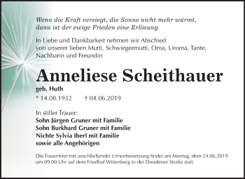Traueranzeige von Anneliese Scheithauer von Mitteldeutsche Zeitung Dessau-Roßlau