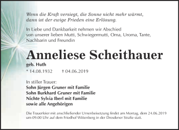 Traueranzeige von Anneliese Scheithauer von WVG - Wochenspiegel Wittenberg