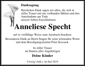 Traueranzeige von Anneliese Specht von WVG - Wochenspiegel Dessau / Köthen