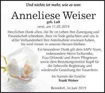 Traueranzeige von Anneliese Weiser von Super Sonntag SGH Mansf. Land
