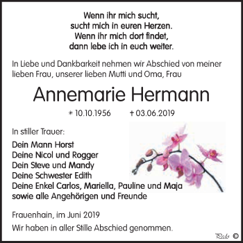 Traueranzeige von Annemarie Hermann von WVG - Wochenspiegel NMB / WSF / ZTZ